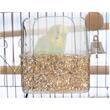 Hranitor exterior din plastic transparent cu perus galben-verde care mananca seminte in colivie