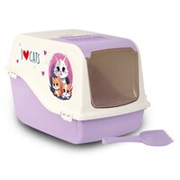 Litiera Acoperita cu Imprimeu Grafic pentru Pisici Mari Ariel Design (57x39x38 cm) - Capac Rabatabil, Anti-Miros, Violet si Bej