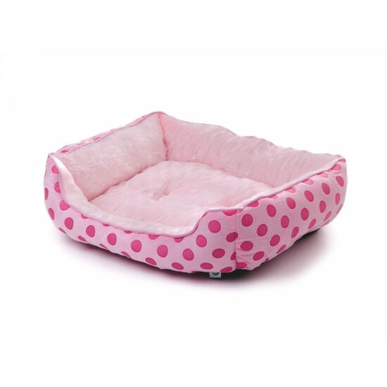 Patut Pufos pentru Caini si Pisici JK Puppy M (56x46 cm) – Canapea din Plus cu Buline, Decupaj Frontal si Baza Antiderapanta · 