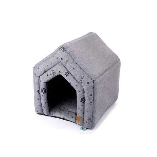 Casuta Textila Caini, Pisici, M 45x40x47cm Gri, Cusca Moale, Izolare Termica, Imprimeu Os si Labuta