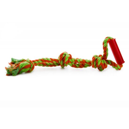 Jucarie Sfoara Bumbac cu 3 Noduri si Maner Plastic (55cm) Heavy-Duty - Franghie Solida de Tras pentru Caini