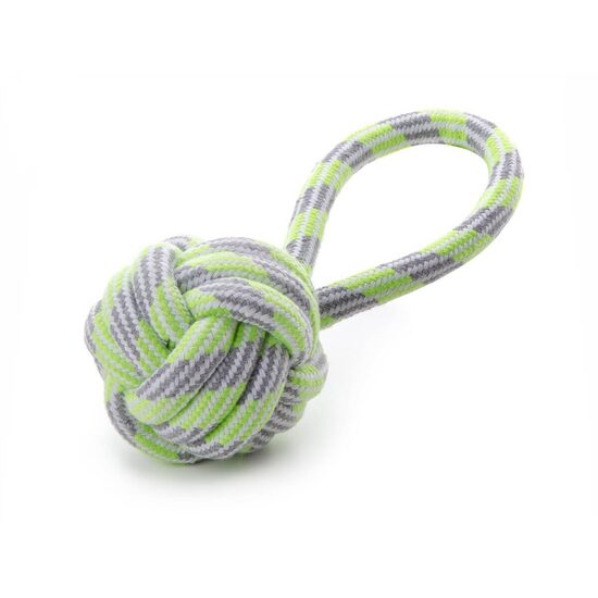 Jucarie Interactiva Minge din Sfoara Bumbac cu Maner (9cm) - Franghie de Aport si Igiena Dinti pentru Caini · 