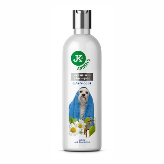 Sampon Premium pentru Caini Blana Alba si Deschisa – Calmant si Hidratant cu Extract de Mesteacan, Musetel si Ulei de Germeni de Grau, 250 ml JK