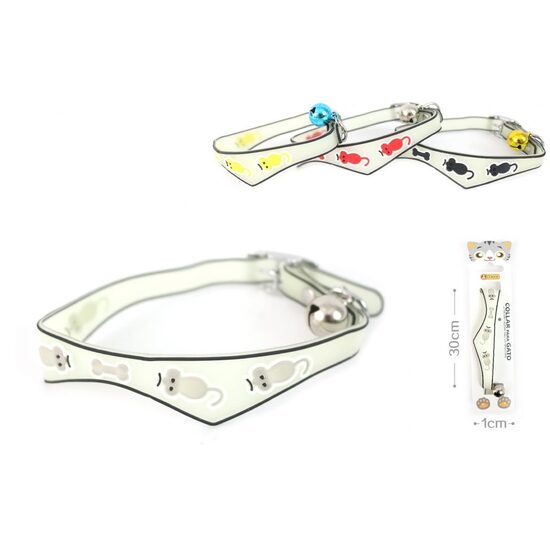 Zgarda Pisica Fluorescenta din Silicon cu Model Soarece, Os si Clopotel 1×30 cm: Vizibilitate Nocturna, Material Flexibil, Siguranta
