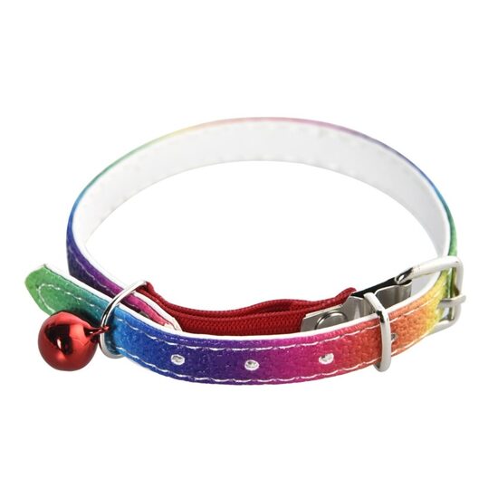 Zgarda Pisici Curcubeu cu Elastic de Siguranta si Clopotel 1×30 cm JUKO: Design Multicolor si Protectie Anti-Agatare · 