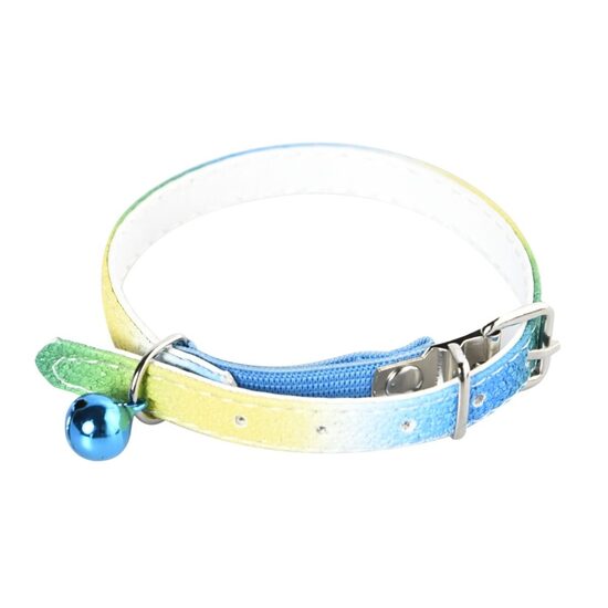 Zgarda pentru Pisici Curcubeu Albastra Mix cu Elastic de Siguranta si Clopotel Albastru, 1×30 cm, JUKO