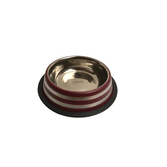 Castron Inox JUKO STRIP 900ml Visiniu - Bol Antiderapant cu Dungi pentru Caini de Talie Medie