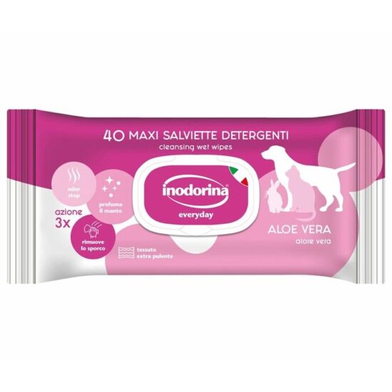Servetele Umede Inodorina cu Aloe Vera (40 buc) - Formula Calmanta Dermo-Protectoare pentru Piele Sensibila, Caini si Pisici