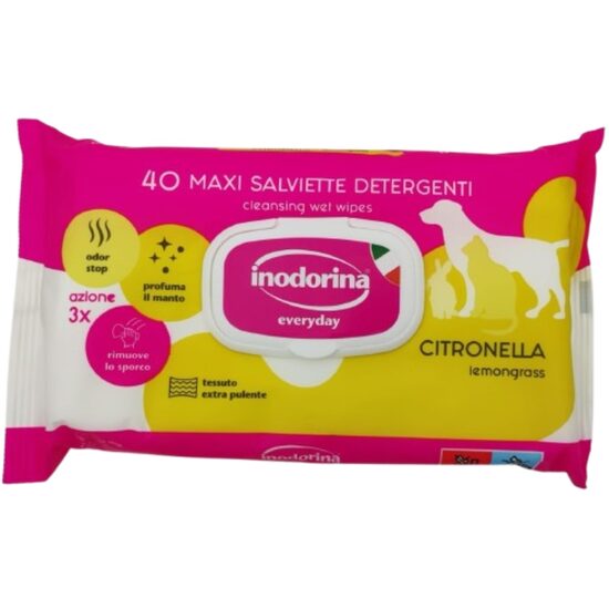 Servetele Umede Inodorina Everyday cu Citronella (40 buc) - Scut Natural Aromatic, Protectie si Igienizare Rapida pentru Caini si Pisici