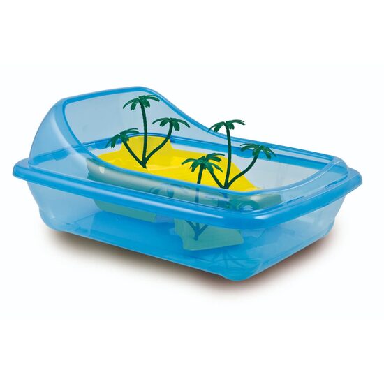 Terariu pentru broaste testoase ISCHIA L 59x39x21.5h cm cu rama inaltata, insula si 2 palmieri