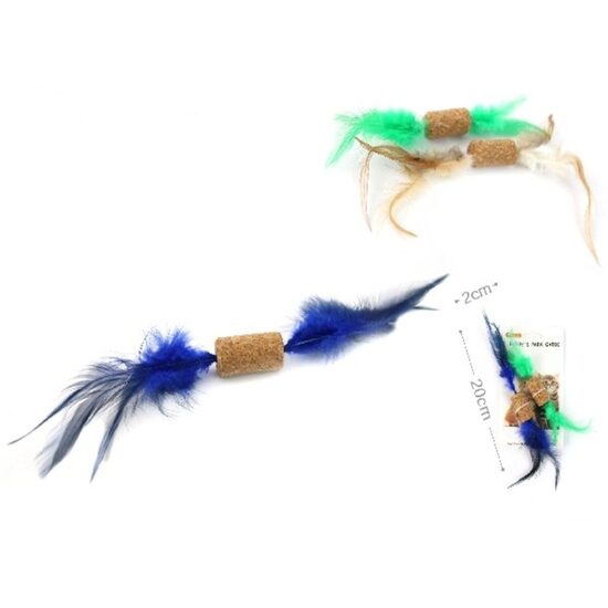 Set 2 Jucarii pentru Pisici din Pluta Naturala cu Pene Yommy (20x2 cm): Materiale Ecologice, Textura Usoara si Pene Vaporoase
