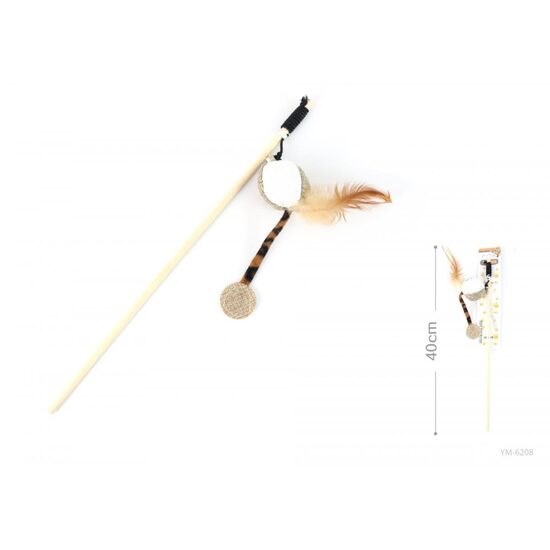 Undita Interactiva cu Pene si Minge YOMMY (40 cm) – Bagheta cu Pene Naturale, Minge textila si Coada Tigrat
