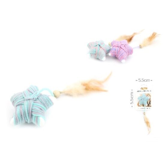 Jucarie pentru Pisici Stea din Sfoara Textila cu Pene si Margea Yommy (5.5 cm): Textura Moale, Design Inedit