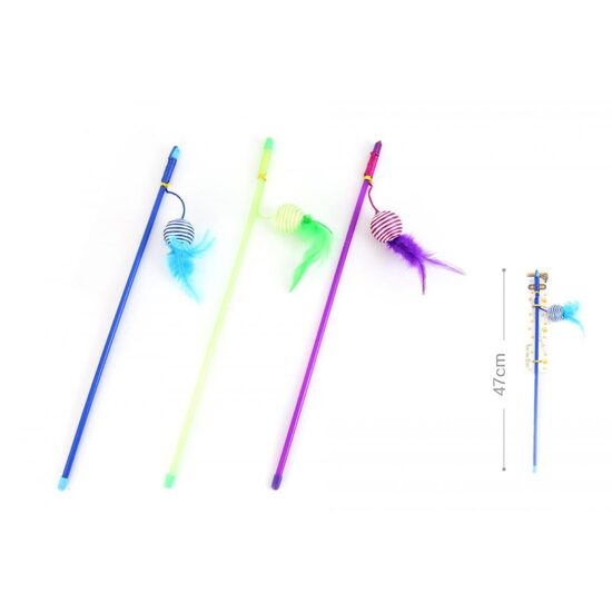 Undita Interactiva Pisici cu Minge din Sfoara Bicolora si Pene YOMMY: Bat 47cm, Textura Ideala pentru Agatat