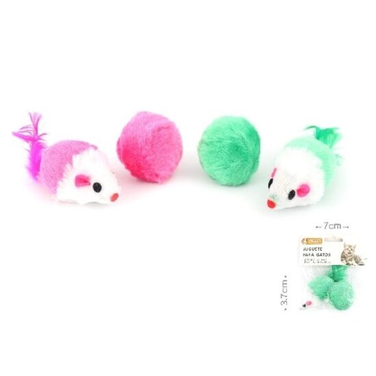 Set Jucarii pentru Pisici Yommy Soricel cu Pene si Minge Pufoasa din Plus (3.7x7 cm) – Pachet Duo Varietate si Distractie Interactiva