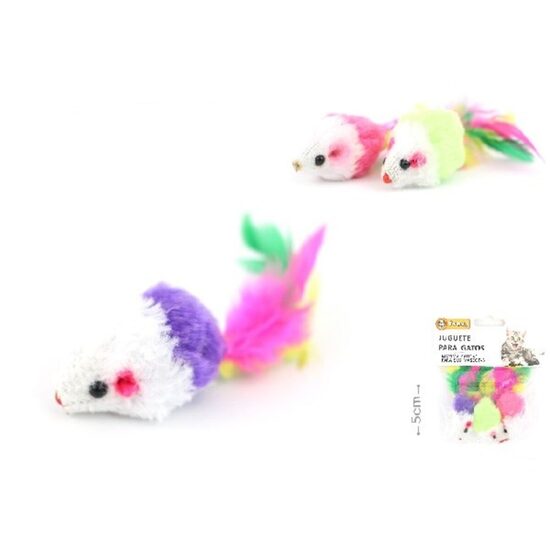 Set 3 Jucarii pentru Pisici Soricei Bicolori din Plus cu Pene Naturale Yommy 5 cm