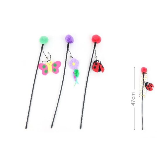 Jucarie Undita Interactiva pentru Pisici YOMMY din Plus Decorativ si Clopotel: Bagheta Lunga 47cm si Stimulare Colorata