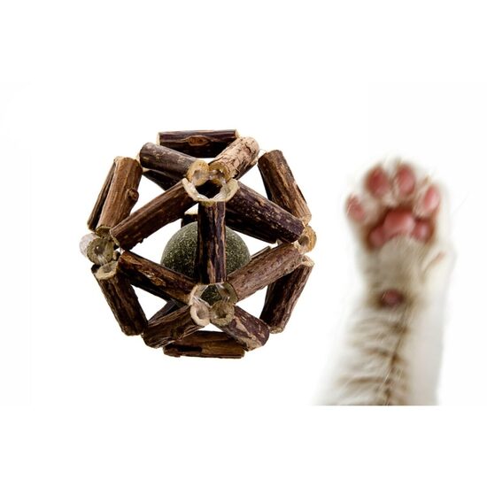 Jucarie pentru Pisici Cusca din Lemn cu Minge Catnip (Iarba Matei) JK (6.5 cm): Stimulare Olfactiva, Lemn Natural