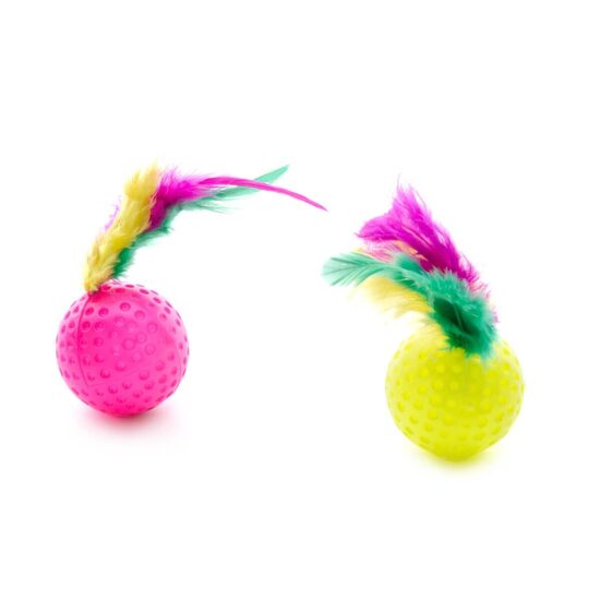 Set 2 Mingi cu Pene Multicolore JK - Jucarii Interactive din Plastic Flexibil cu Sunete pentru Pisici