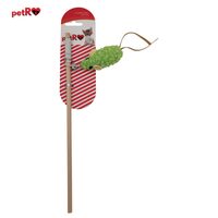 Undita Interactiva din Lemn pentru Pisici petRasfat cu Soricel din Blana de Oaie Buclata: Tija Natur, Clopotel Sonor si Textura Pufos-Cret