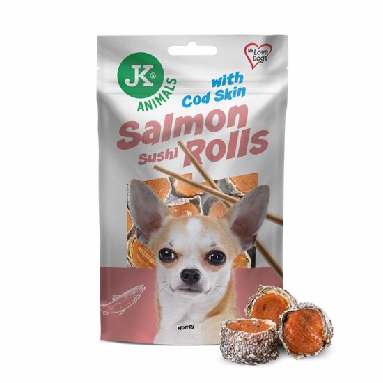 Rulouri de sushi cu somon si piele de peste cod pentru caini, JKA – Recompense marine super premium bogate in Omega-3 (80 gr)