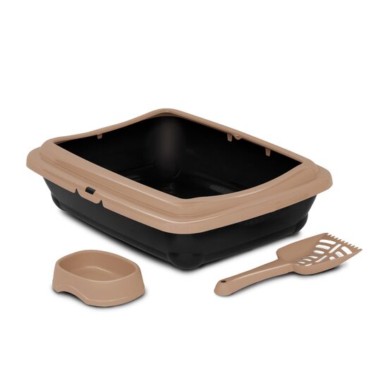 Set Complet Pisici Mici MPB (46x36x12 cm) Bej - Litiera cu Rama, Lopatica si Bol