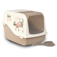Toaleta Acoperita Pisici Ariel Design (57x39x38 cm) Bej - Capac rabatabil, Usita batanta si Imprimeu Grafic