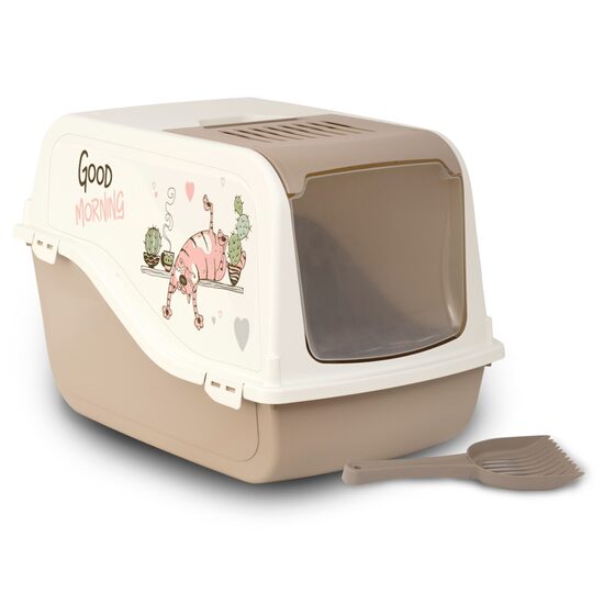 Toaleta Acoperita Pisici Ariel Design (57x39x38 cm) Bej - Capac rabatabil, Usita batanta si Imprimeu Grafic