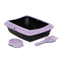 Set Complet Kit Pisici Talie Mica / Pui - Litiera cu Rama, Lopatica, Castron Mov, Cusca Gipsy S Mov/Gri, Odorizant Lavanda